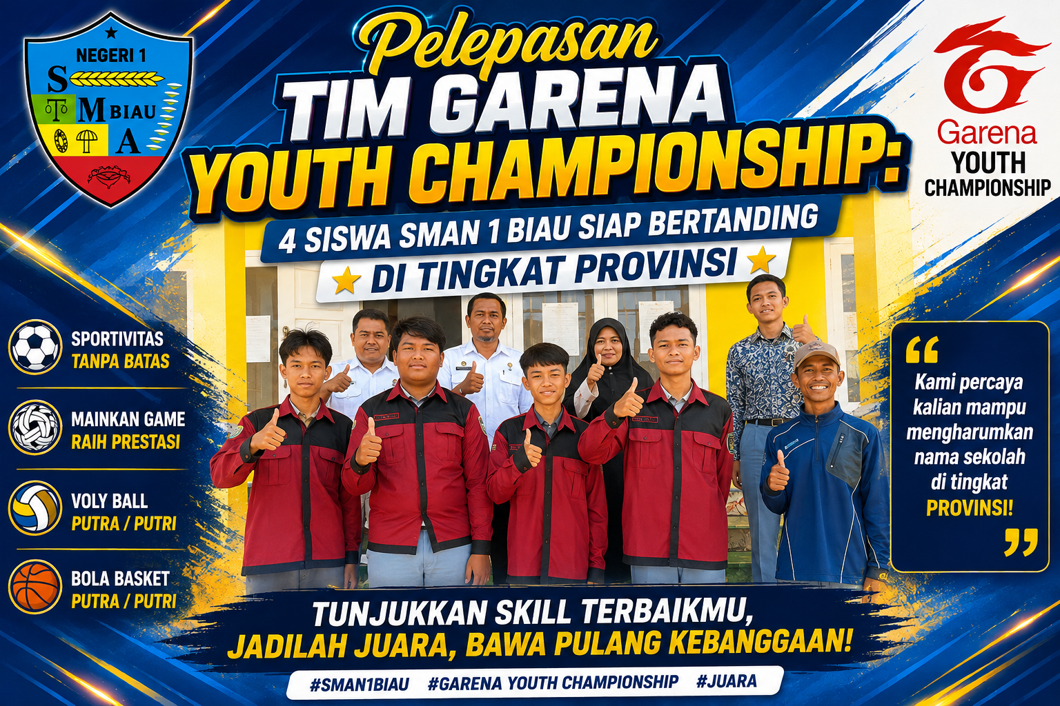 Pelepasan Tim Garena Youth Championship : 4 Siswa SMAN 1 Biau Siap Bertanding di Tingkat Provinsi